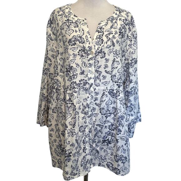 Tahari Floral Linen Blend Button Top Womens Size 1X White Blue Coastal Blouse - Picture 1 of 7